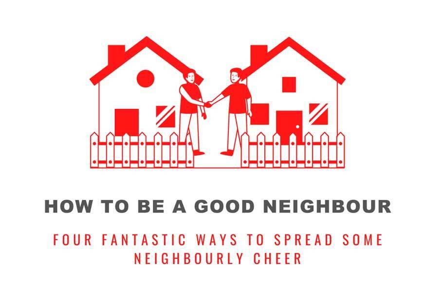 Friendly Neighbors standing in their gardens red graphic