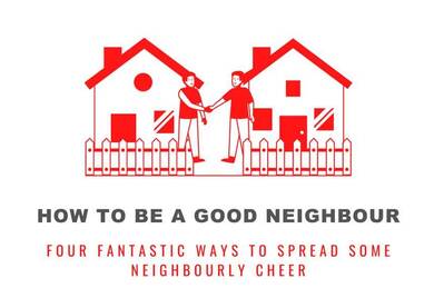 Friendly Neighbors standing in their gardens red graphic