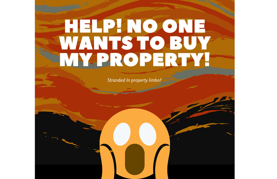 A cartoon emoji of Munch's Scream with the title Help! No one wants to buy my property!