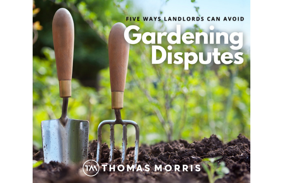 Two gardening tools sticking out of the dirt with the text Five ways landlords can avoid gardening disputes
